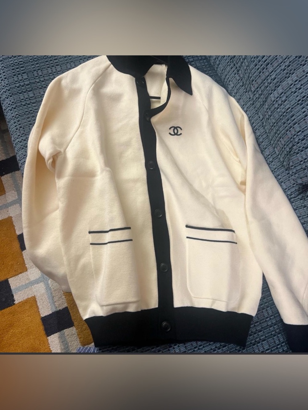CHANEL Cream and Black Trim Knit Cardigan with CC Logo